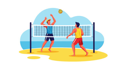 Two men playing beach volleyball on a sunny sandy court with a net and ball, an outdoor summer sport illustration.