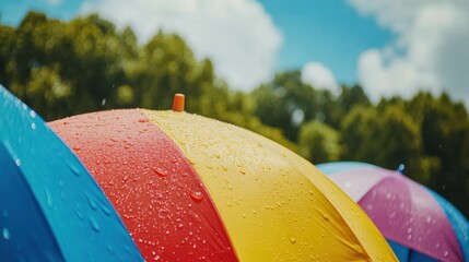 Colorful umbrellas with raindrops on a sunny day.