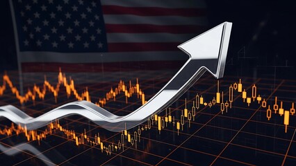 A glowing, upward-trending stock market graph with a large arrow, set against a backdrop of a blurred American flag, symbolizing US economic growth and financial success.