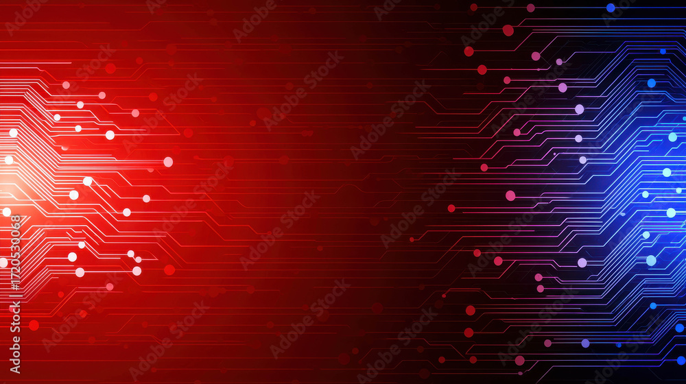 Poster abstract digital background with bright red and blue circuit patterns and light dots for technology 