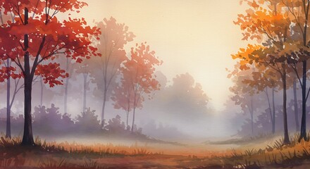 Watercolor Forest Landscape with Red and Orange Autumn Trees in Foggy Atmosphere