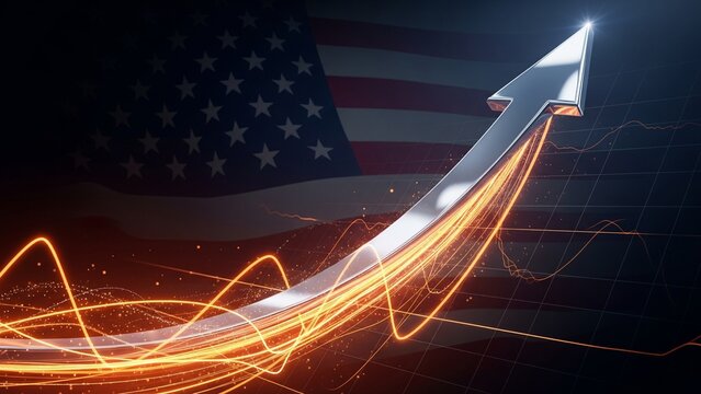 A glowing, upward-trending stock market graph with a large arrow, set against a backdrop of a blurred American flag, symbolizing US economic growth and financial success. - Powered by Adobe