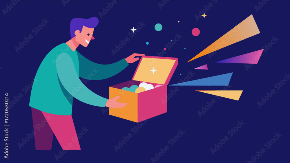 Aufkleber a person opening a memory box and being greeted by a burst of light and color symbolizing the joy an