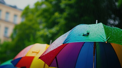 Rain-soaked rainbow umbrellas on a city street.