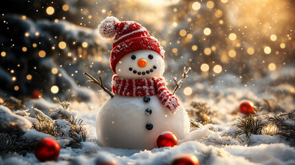 Obraz premium Snowman with striped scarf and hat in snowy Christmas forest background