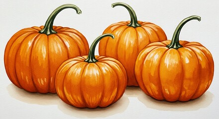 Obraz premium Orange Pumpkins Watercolor Painting with Green Stems on White Background