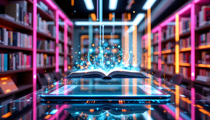 Futuristic Digital Library with Holographic Book and Neon Geometric Data