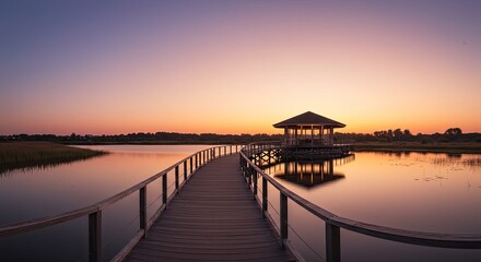 Obraz premium Tranquil sunset over a wooden boardwalk leading to a gazebo on a serene lake landscape with