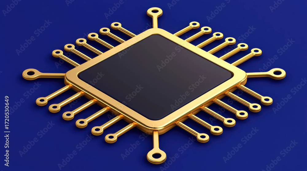 Poster golden microprocessor chip with integrated circuit connections on a blue background showcasing techn