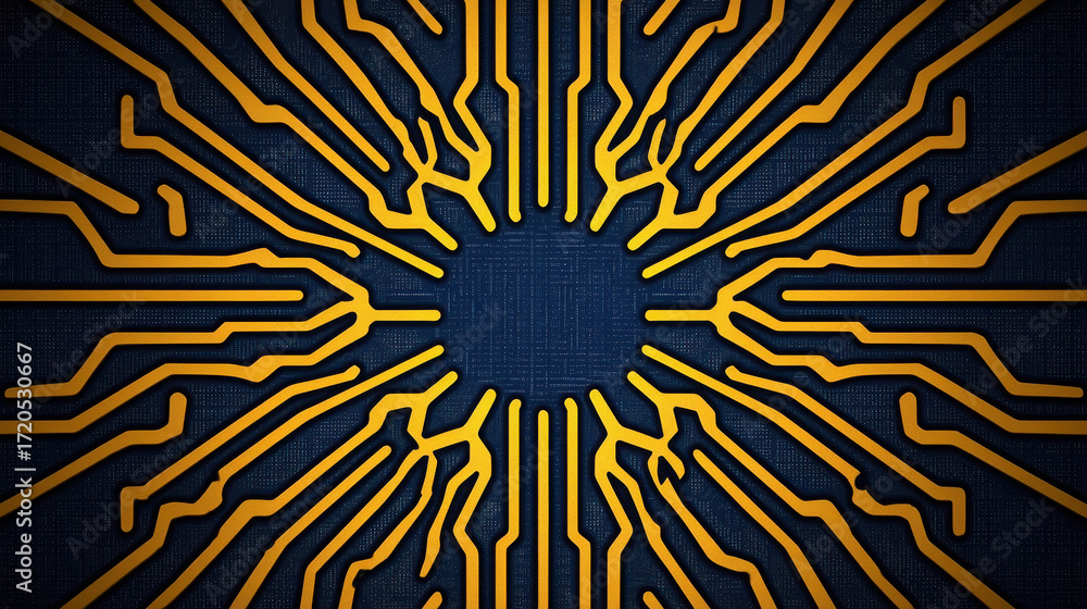 Poster abstract technology background with radiating circuit patterns in vibrant yellow and deep blue tones