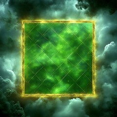 Glowing emerald square framed in gold, amidst stormy clouds