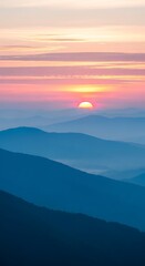 Fototapeta premium A serene mountain vista at sunrise, showcasing layered mountain ranges bathed in soft pastel hues of dawn.