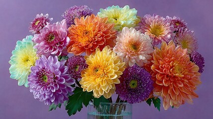 Colorful flower bouquet in vase against purple background.