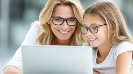 Engaging learning moments between mother and daughter home office digital interaction bright atmosphere intimate perspective
