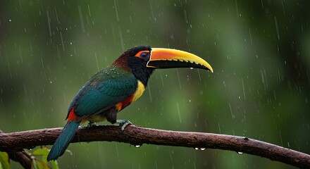 Fototapeta premium Collared aracari perched on a branch during a rain shower in its natural habitat with lush foliage