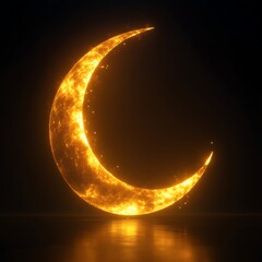 Glowing, golden crescent moon on dark background