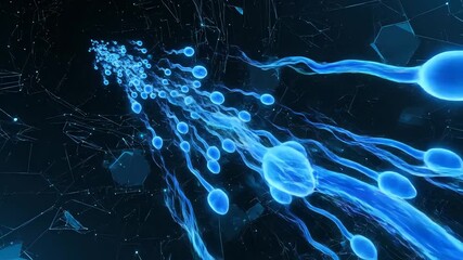 Abstract visualization of blue sperm cells swimming forward, representing fertility and reproduction, with futuristic digital network background - Powered by Adobe