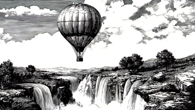Hot air balloon flying over dramatic waterfall and rocky cliff landscape with trees, clouds, and sky in detailed nature etching style drawing