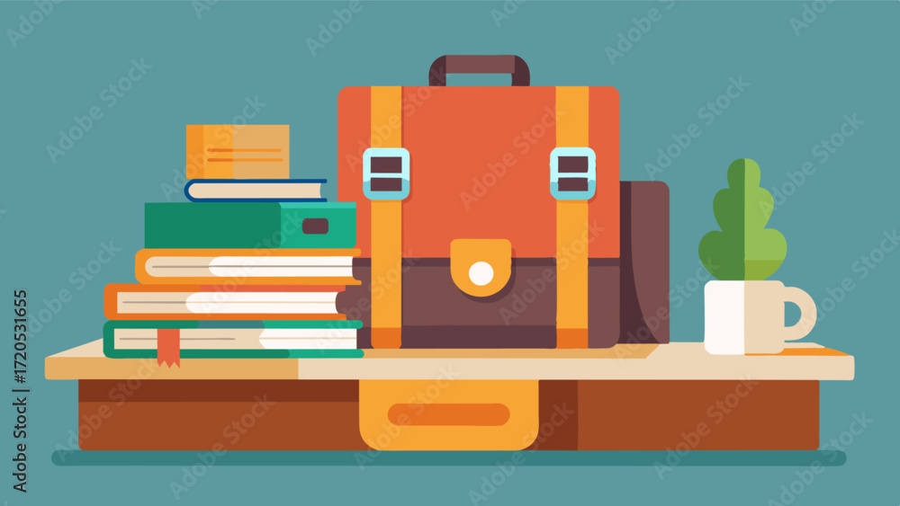 Poster a stack of books and a journal on a wooden table with a backpack and camera in the corner representi