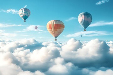 Fototapeta premium Sky High Striped Hot Air Balloons Floating Above Fluffy White Clouds