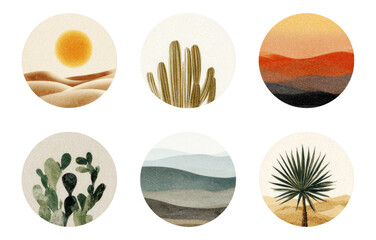Circular Landscapes Featuring Sun, Cacti, and Desert Color Palettes