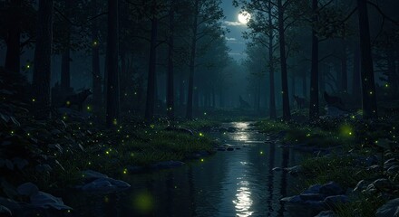 Obraz premium Mystical moonlight illuminates enchanted forest stream with fireflies and wildlife view serenity