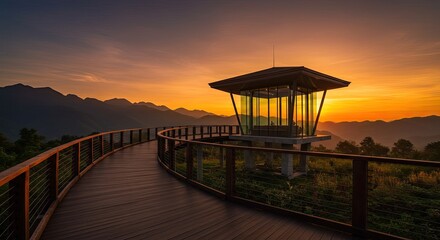 Panoramic sunset view from a wooden pathway leading to a modern glass pavilion over mountain range