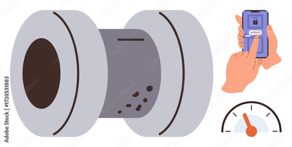 Poster cylindrical smart lock paired with hand operating mobile app for unlocking and analog dial gauge. id