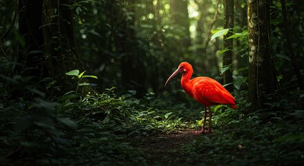 Scarlet Ibis in a Lush Rainforest Setting with Sunlit Canopy and Dense Vegetation