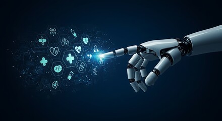 Robot Arm Touching Glowing Medical Icons on Dark Blue Background
