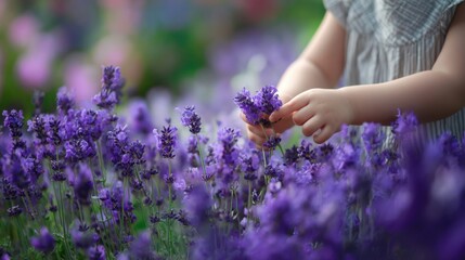 Child Enjoying Lavender Field, Hands Gently Picking Blossoms