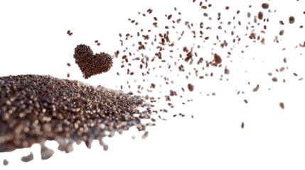 Close up of a textured rock with small particles exploding outwards isolated on transparent background