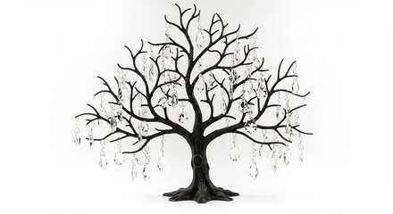 Obraz premium Elegant dark tree jewelry holder softly lit against white background. AI Generated