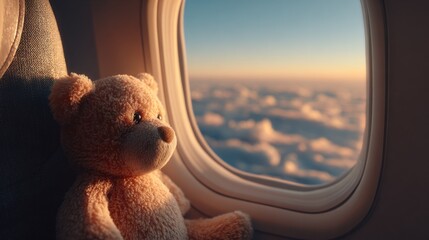 Soft Teddy Bear Sitting by an Airplane Window with Cloudy Sky