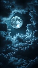 Fototapeta premium Moody Night Sky Featuring a Glowing Moon Surrounded by Dramatic Dark Clouds
