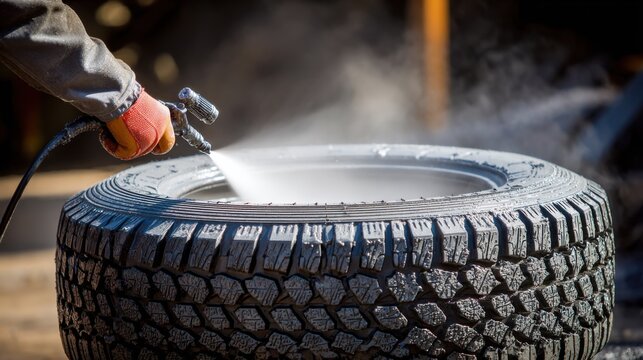 Spray Painting Process on a Tire with Detailed Texture and Focus