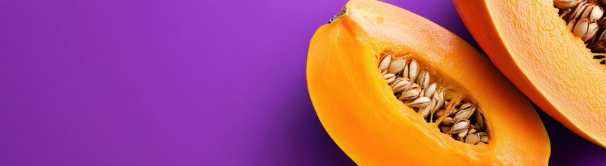 Two ripe papaya halves on purple background.