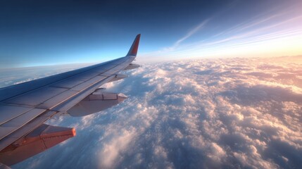 Obraz premium Aerial View from Airplane Wing Over Beautiful Cloudscape at Sunset