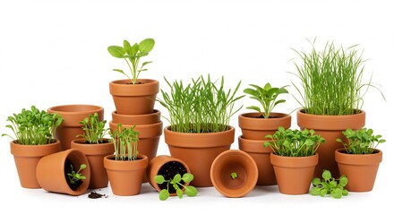 Obraz premium Vibrant seedlings sprout in terracotta pots bathed in soft light. AI Generated