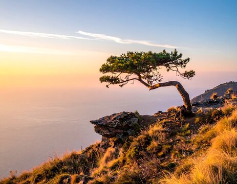 A lone pine tree on a cliff overlooking a tranquil ocean at sunset - Powered by Adobe