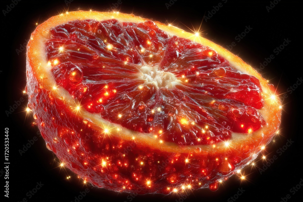 Aufkleber juicy blood orange slice glistening with droplets and sparkles showcasing intricate details reflecti