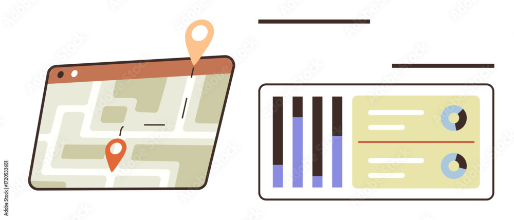 Poster tablet displaying a digital map with pins and a dotted route beside an analytics panel with graphs a