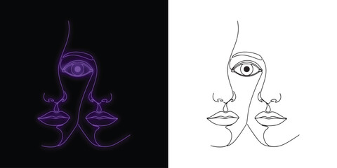 Minimalist twin faces line art in neon purple and white for modern wall decor art