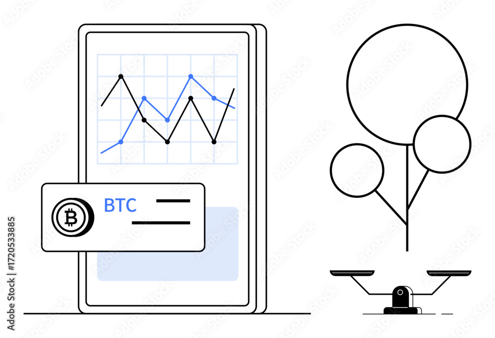 Aufkleber smartphone displaying btc graph with rising and falling trends, paired with a balance scale and tree