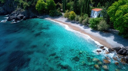 Turquoise Water Meets Lush Greenery On Italian Coastline at Summer Day