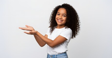 Young woman with curly hair presenting with a smile on a plain background