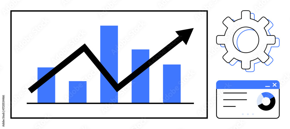 Poster rising line graph and blue bar chart, gear symbol, and interface window. ideal for data analysis, bu