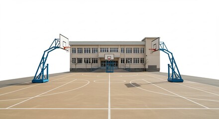 Bright sun illuminates school building with outdoor basketball court. AI Generated