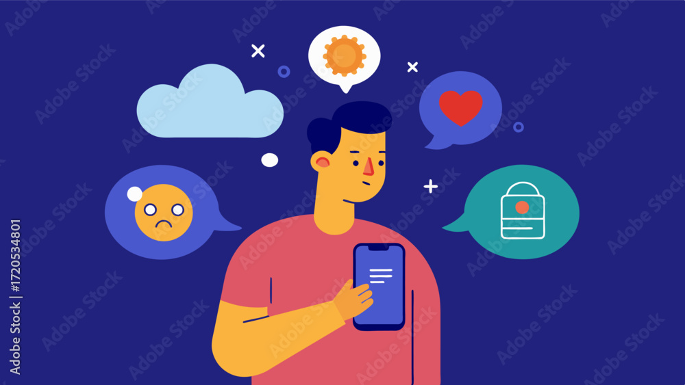 Poster a person using their phone to track their mood and thought patterns with a cognitive therapy app. ve