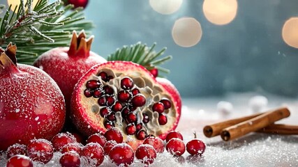 Christmas Pomegranates and Cinnamon Sticks with Snow and Bokeh Lights. - Powered by Adobe
